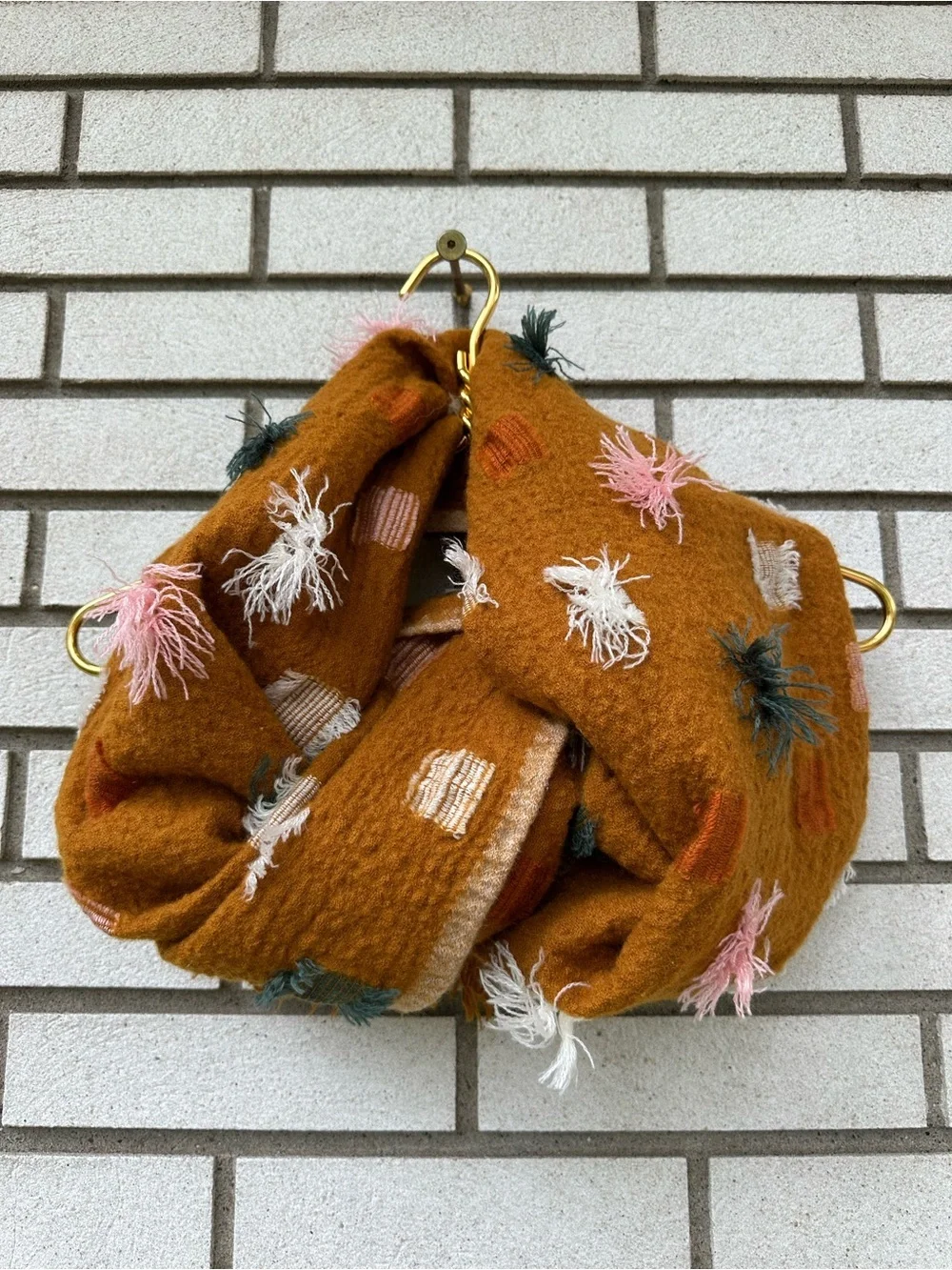 Madewell Wool Blend Textured Fringe Scarf Mustard Boho Artisan Pom Pom